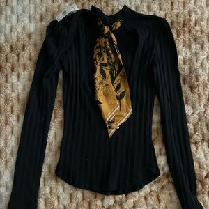 Free People Black Top with Gold Floral Scarf